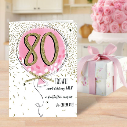 Female 80th Pink Balloon Birthday Greeting Card