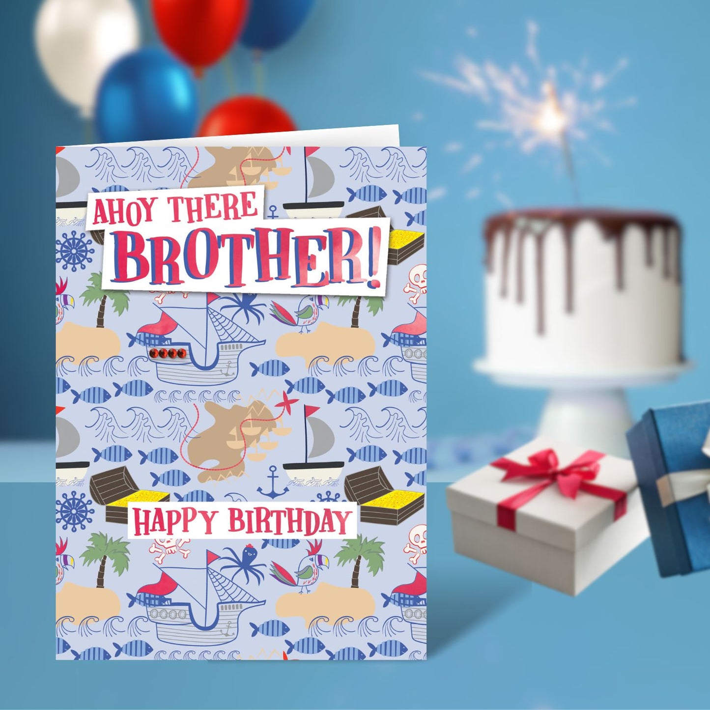 Ahoy There Brother Fishy Treasure Hunt! Hand-Finished Birthday Greeting Card