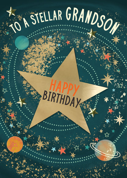 To A Stellar Grandson Galactic Adventure Hand-Finished Birthday Greeting Card