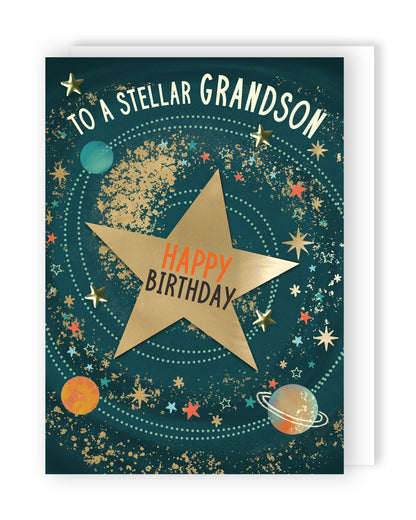 To A Stellar Grandson Galactic Adventure Hand-Finished Birthday Greeting Card