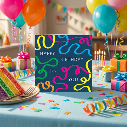 Happy Birthday Card Neon Streamers Embossed & Foiled Kazoo Range