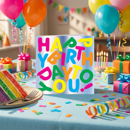 Happy Birthday To You Card Neon Balloons Embossed & Foiled Kazoo Range