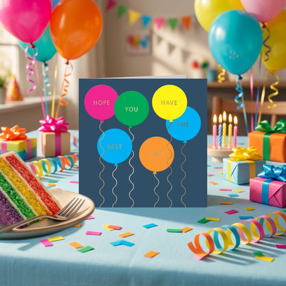 Have The Best Day! Birthday Card Neon Balloons Embossed & Foiled Kazoo Range