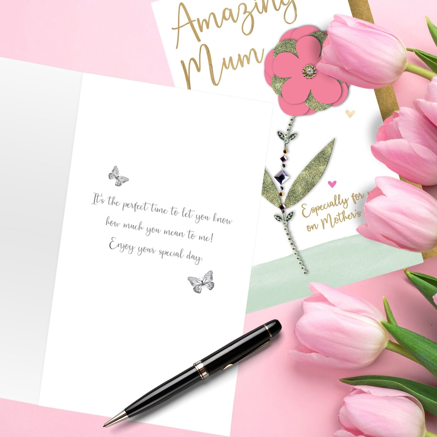 Hand-Finished Mother's Day Card Amazing Mum Embellished Flower Champagne Card