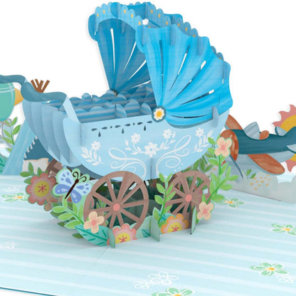 Origamo Pop-Up Greeting Card New Baby Boy Blue Pram Handmade Fold-Out 3D Cards