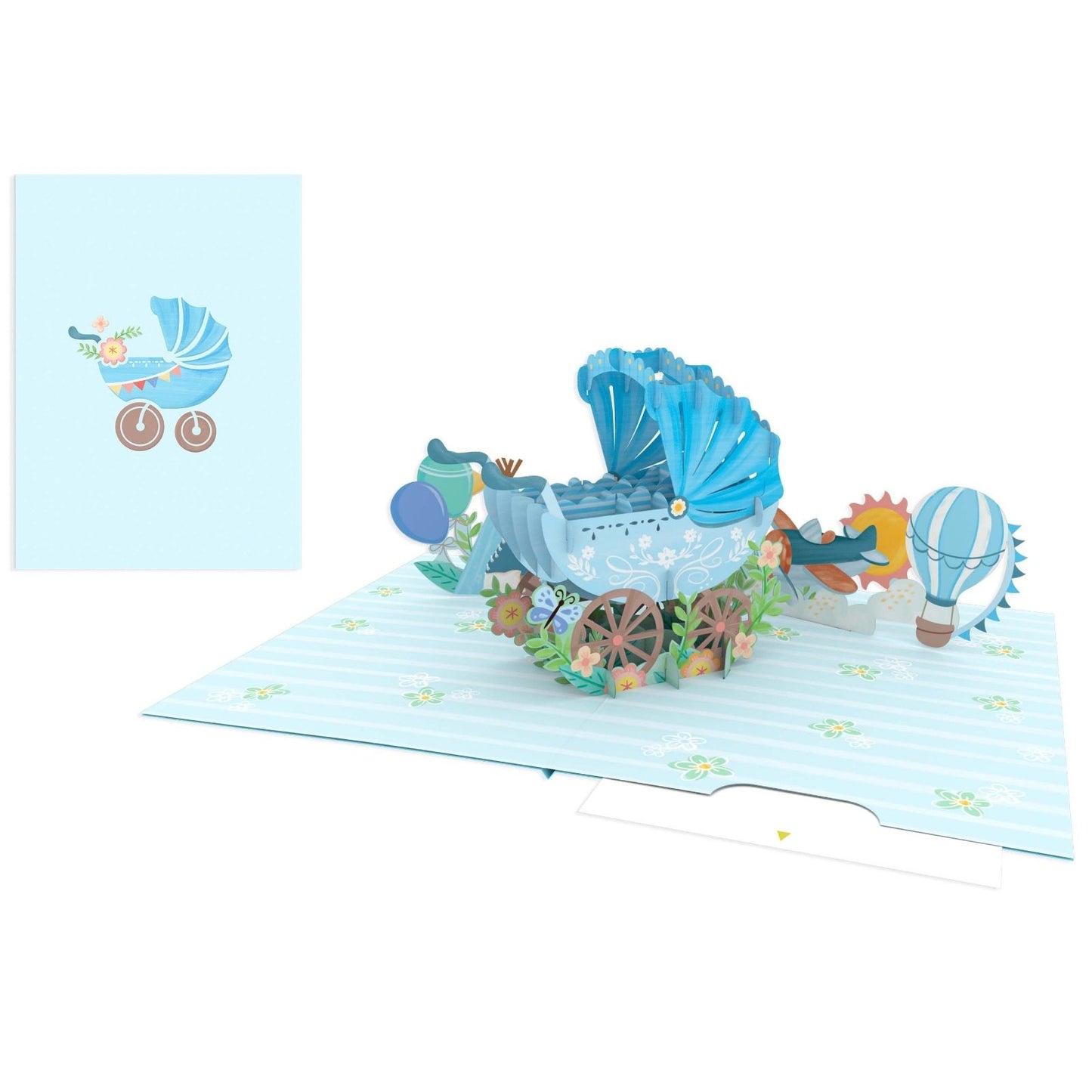Origamo Pop-Up Greeting Card New Baby Boy Blue Pram Handmade Fold-Out 3D Cards