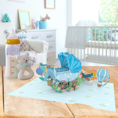 Origamo Pop-Up Greeting Card New Baby Boy Blue Pram Handmade Fold-Out 3D Cards