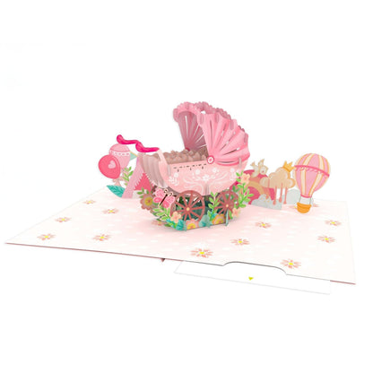 Origamo Pop-Up Greeting Card New Baby Girl Pink Pram Handmade Fold-Out 3D Cards