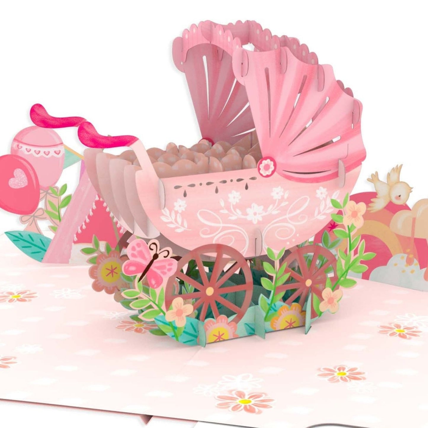 Origamo Pop-Up Greeting Card New Baby Girl Pink Pram Handmade Fold-Out 3D Cards