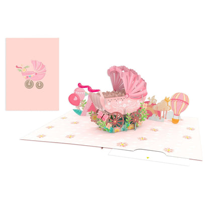 Origamo Pop-Up Greeting Card New Baby Girl Pink Pram Handmade Fold-Out 3D Cards