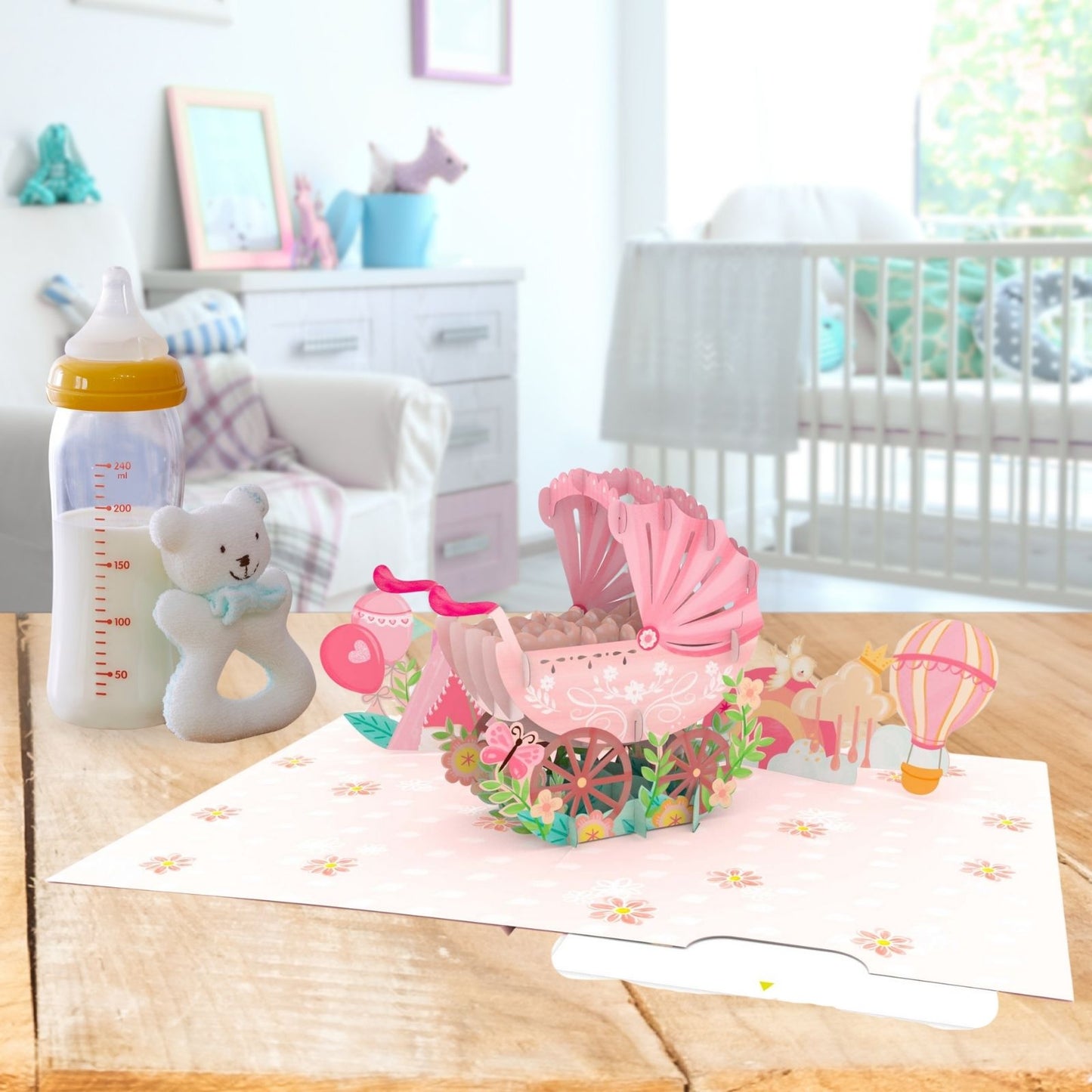 Origamo Pop-Up Greeting Card New Baby Girl Pink Pram Handmade Fold-Out 3D Cards