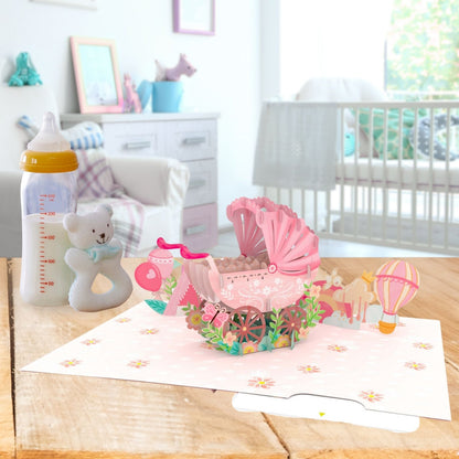 Origamo Pop-Up Greeting Card New Baby Girl Pink Pram Handmade Fold-Out 3D Cards