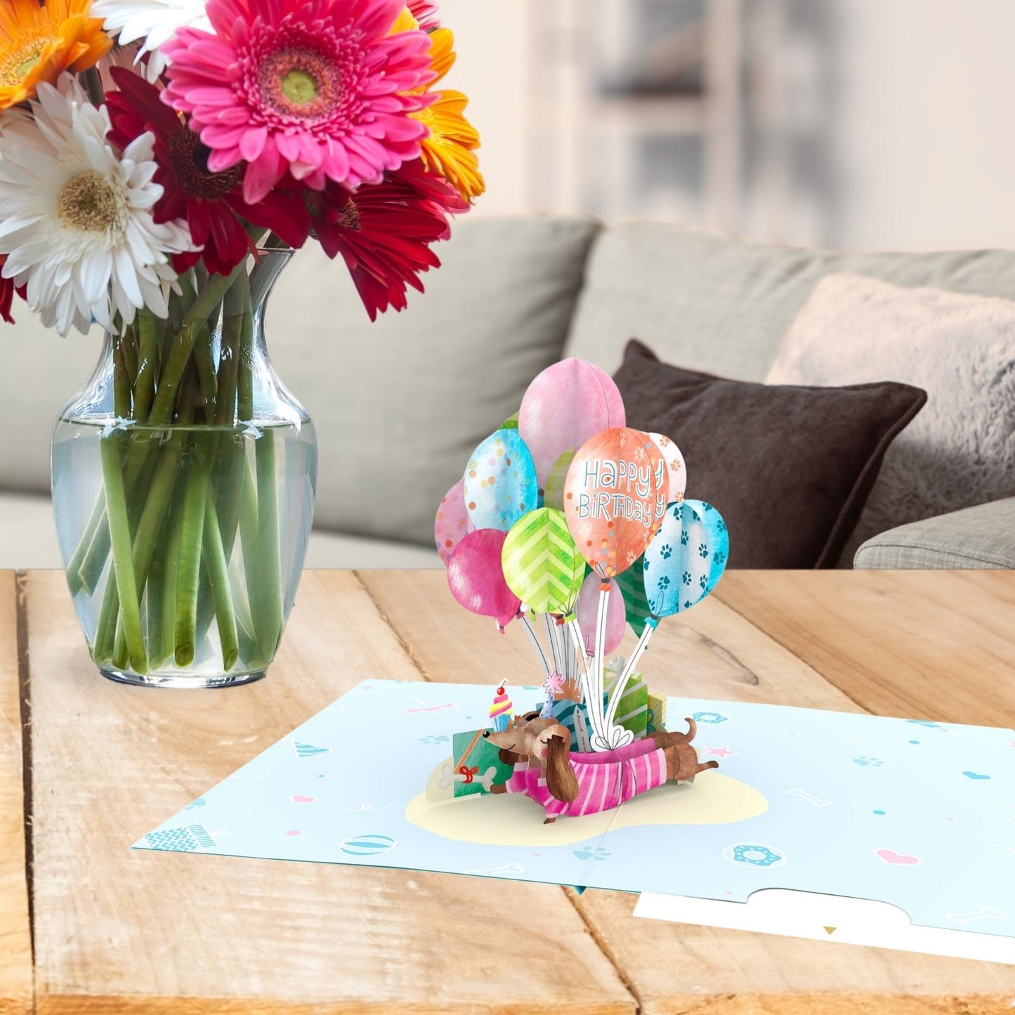 Origamo Pop-Up Brithday Card Sausage Dog Balloons Handmade Fold-Out 3D Cards