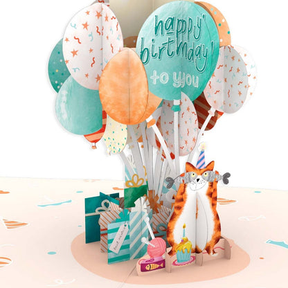 Origamo Pop-Up Birthday Card Ginger Cat Balloons Handmade Fold-Out 3D Cards