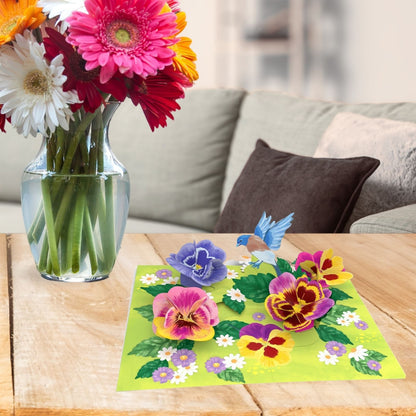 Origamo Pop-Up Greeting Card Pansies Handmade Fold-Out 3D Any Occasion Cards