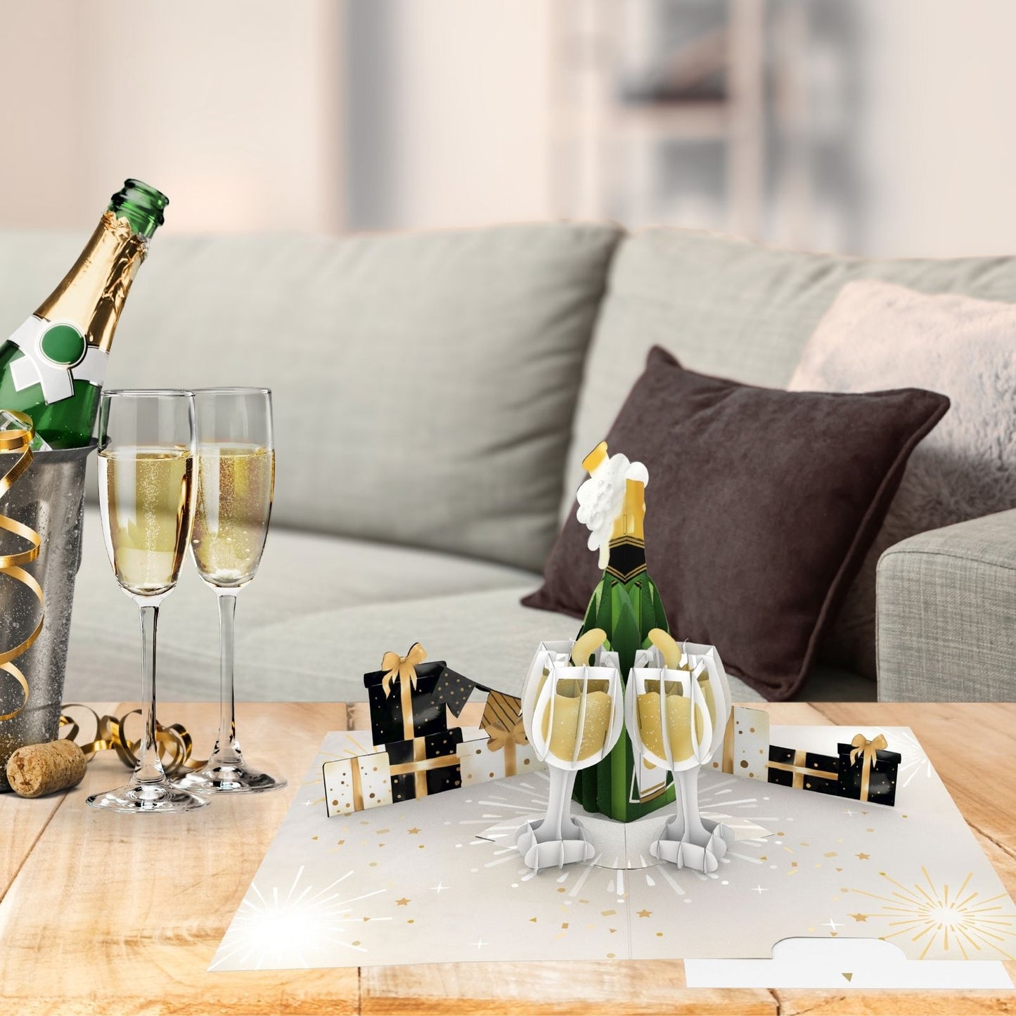 Origamo Pop-Up Greeting Card Celebration Champagne Handmade Fold-Out 3D Cards