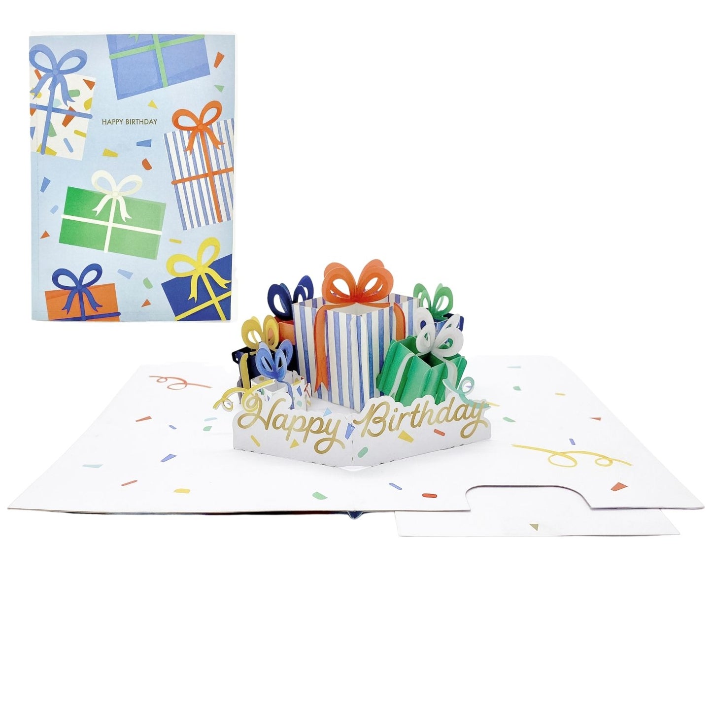 Origamo Pop-Up Birthday Card Wrapped Blue Presents Handmade Fold-Out 3D Cards