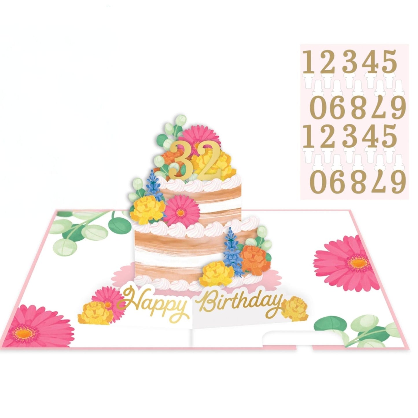 Origamo Pop-Up Birthday Card Floral Cake With Numbers Any Age Handmade Fold-Out