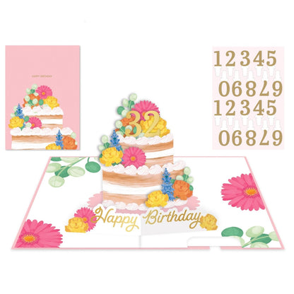 Origamo Pop-Up Birthday Card Floral Cake With Numbers Any Age Handmade Fold-Out