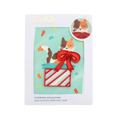 Origamo Birthday Cat & Present Mini Quilled Handmade Greeting Card