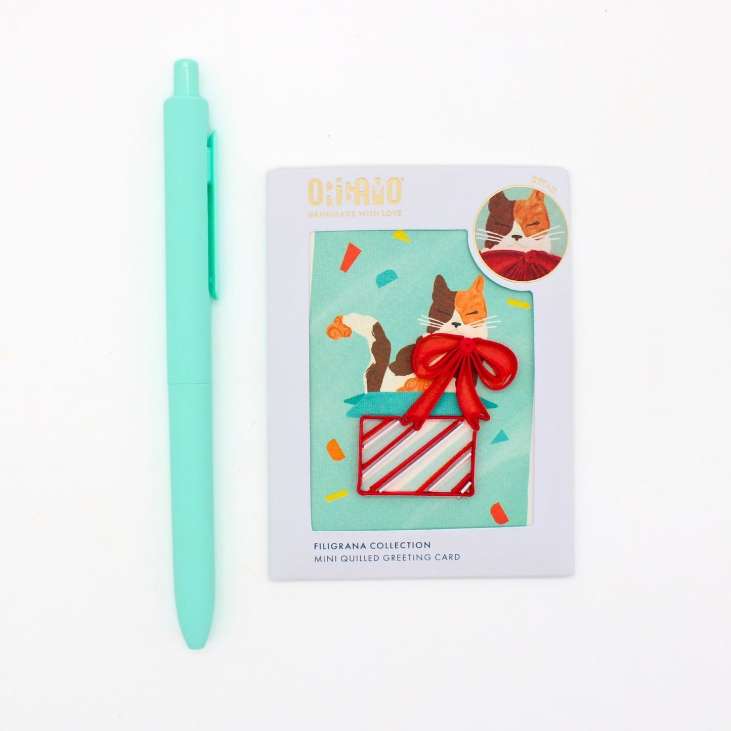 Origamo Birthday Cat & Present Mini Quilled Handmade Greeting Card