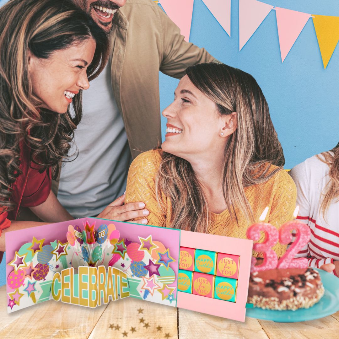 Party Time Pop Up Birthday Card With Chocolate Treat Tray Surprise Card & Gift