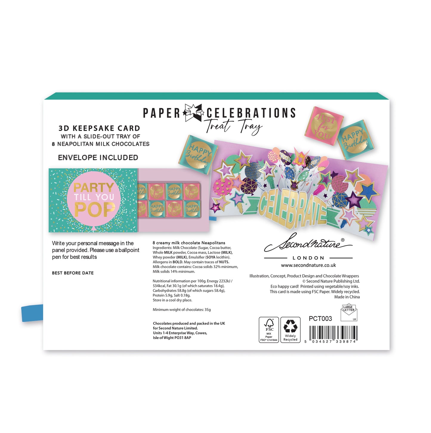 Party Time Pop Up Birthday Card With Chocolate Treat Tray Surprise Card & Gift