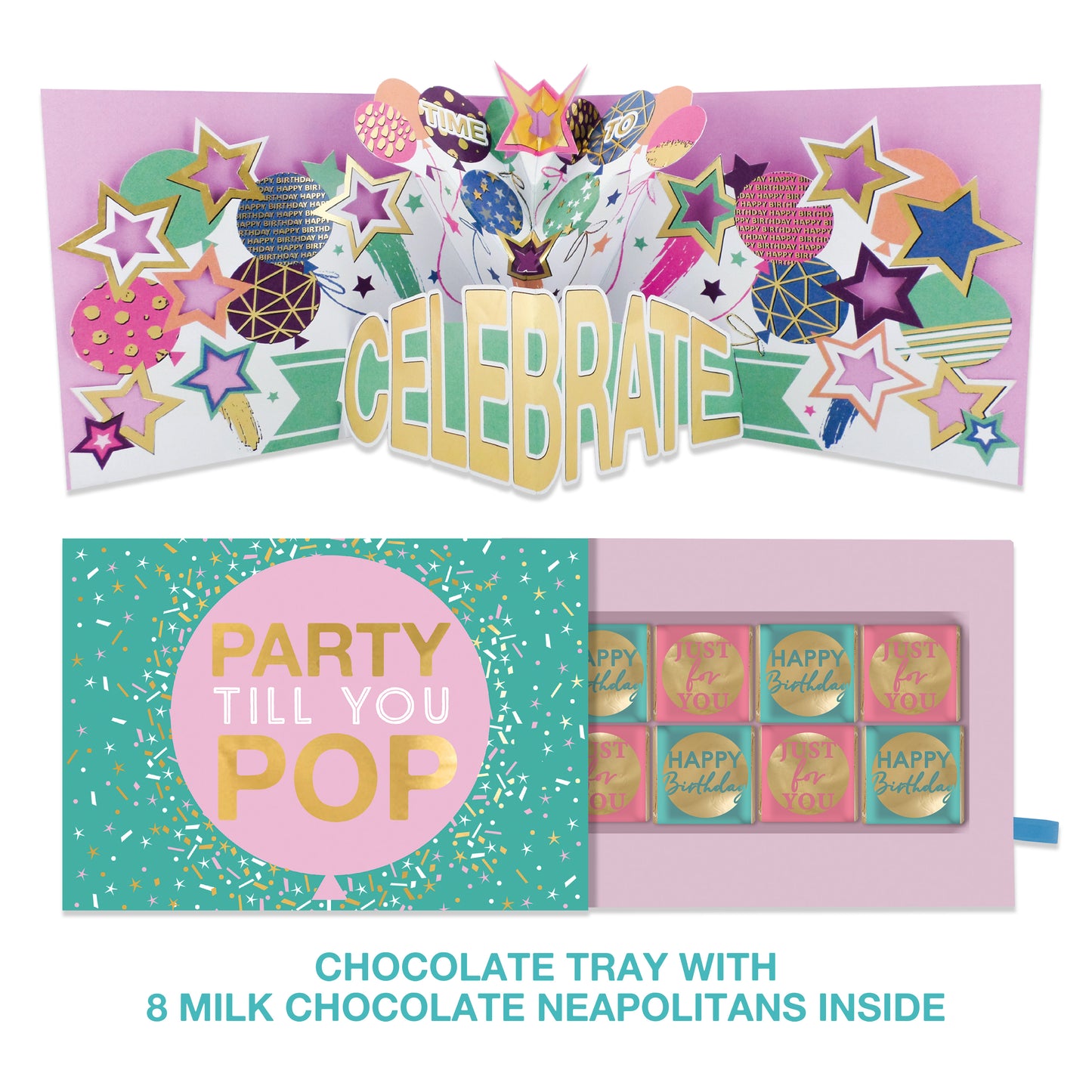 Party Time Pop Up Birthday Card With Chocolate Treat Tray Surprise Card & Gift