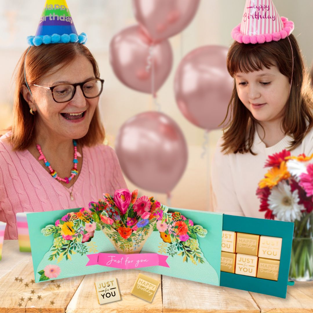 Floral Pop Up Birthday Card With Chocolate Treat Tray Surprise Card & Gift