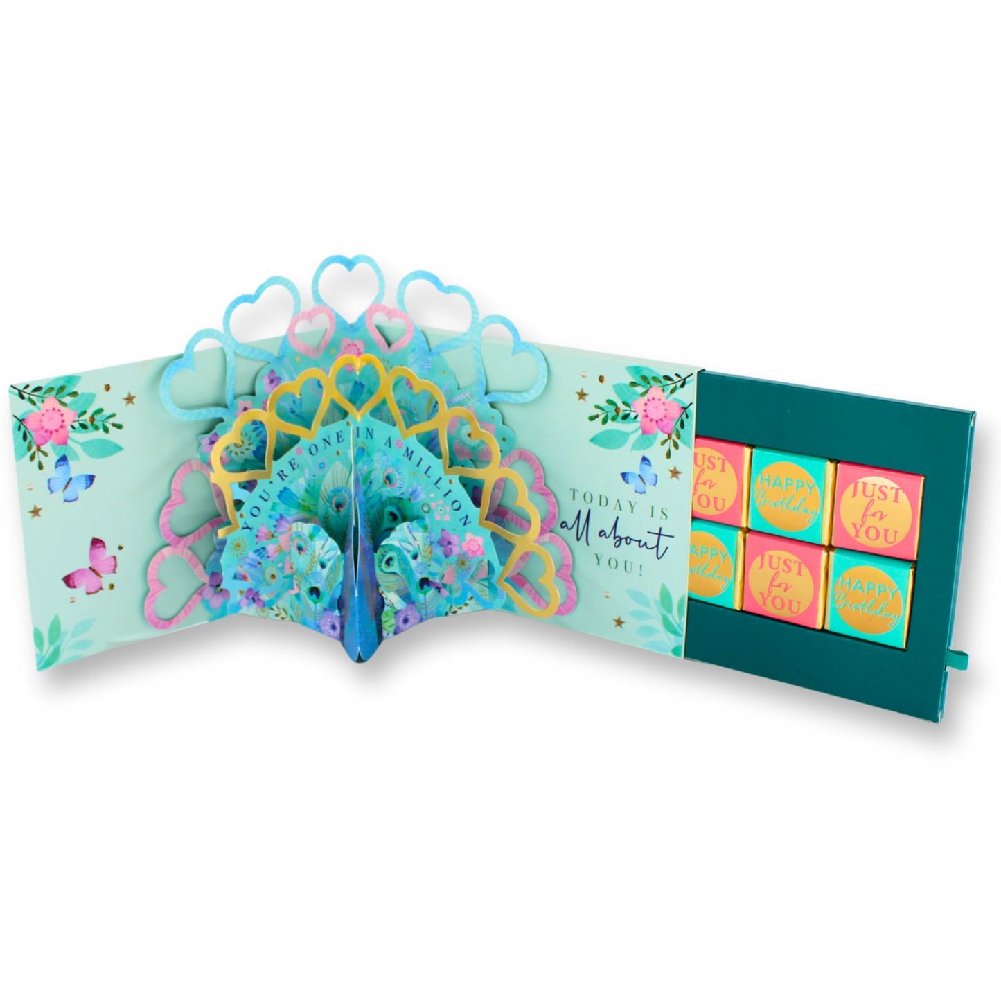 Peacock Pop Up Birthday Card With Chocolate Treat Tray Surprise Card & Gift