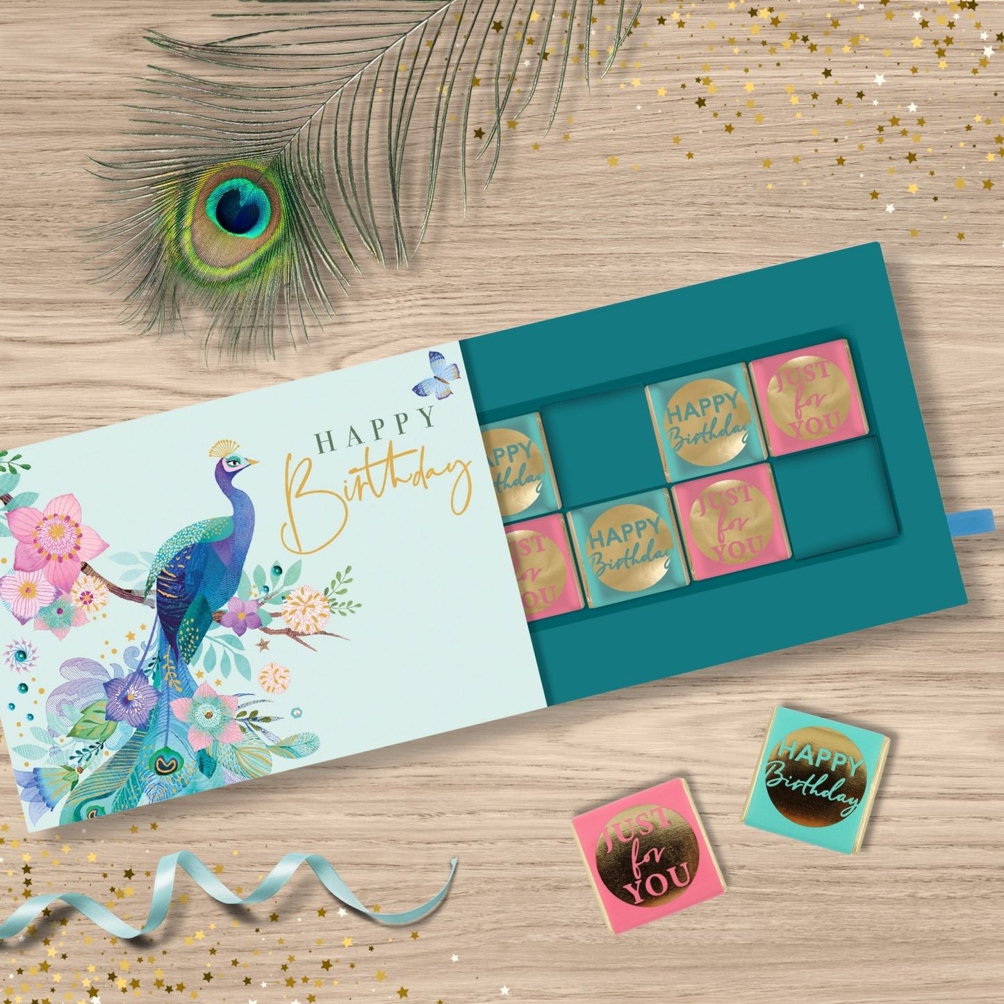 Peacock Pop Up Birthday Card With Chocolate Treat Tray Surprise Card & Gift
