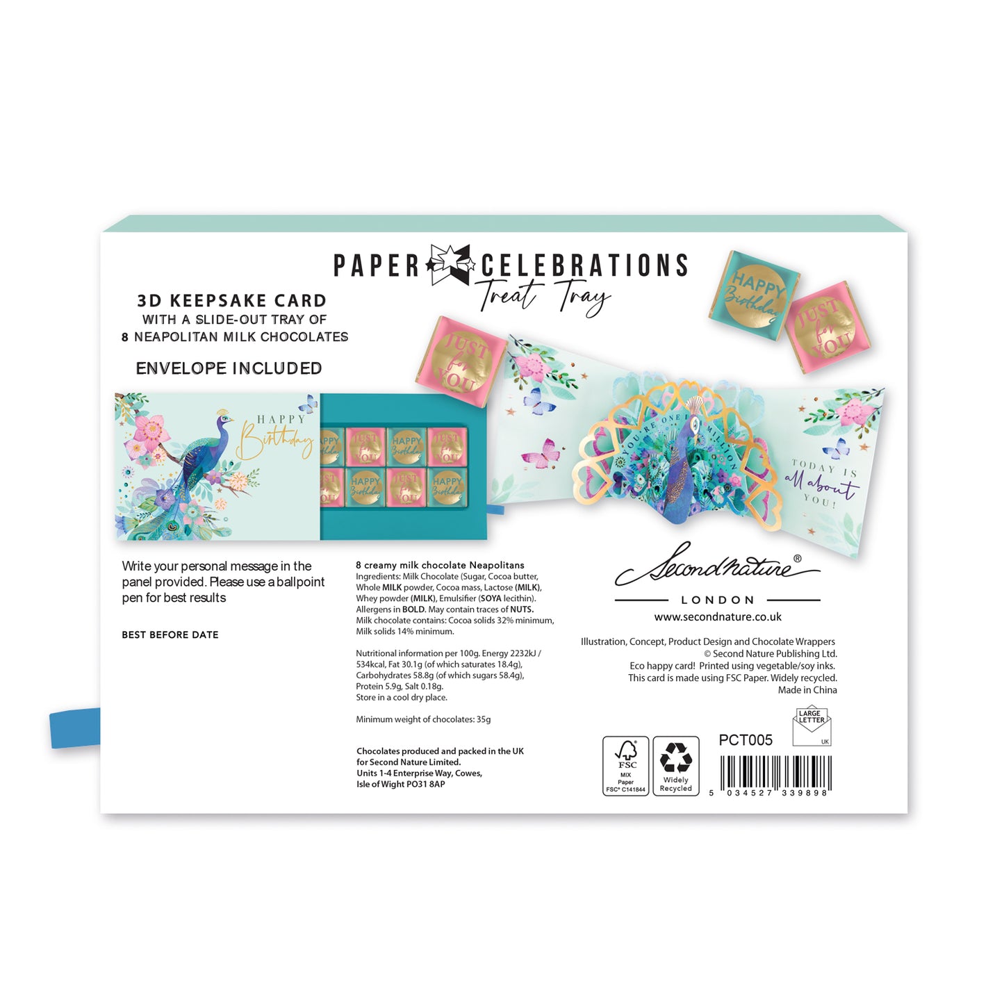 Peacock Pop Up Birthday Card With Chocolate Treat Tray Surprise Card & Gift