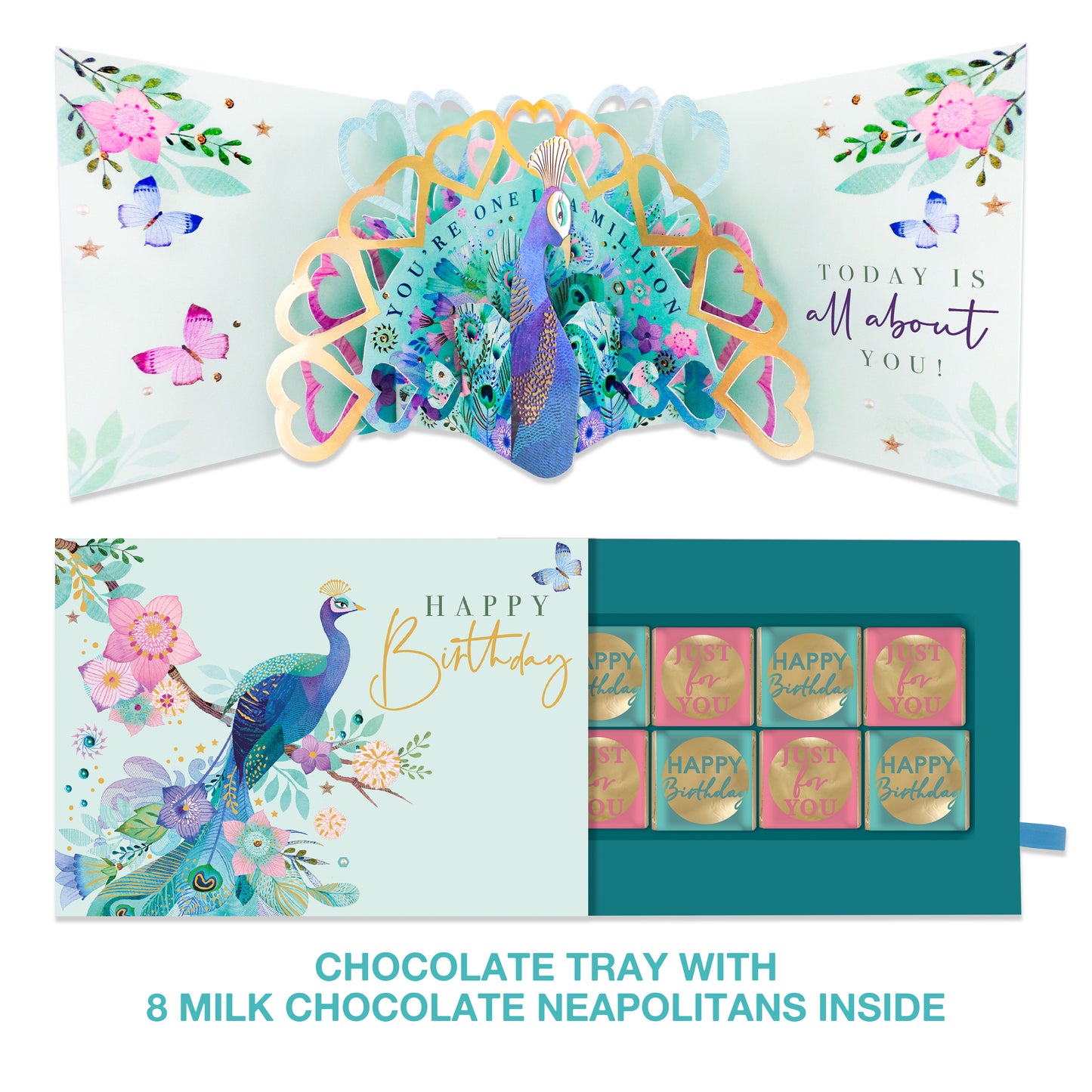 Peacock Pop Up Birthday Card With Chocolate Treat Tray Surprise Card & Gift