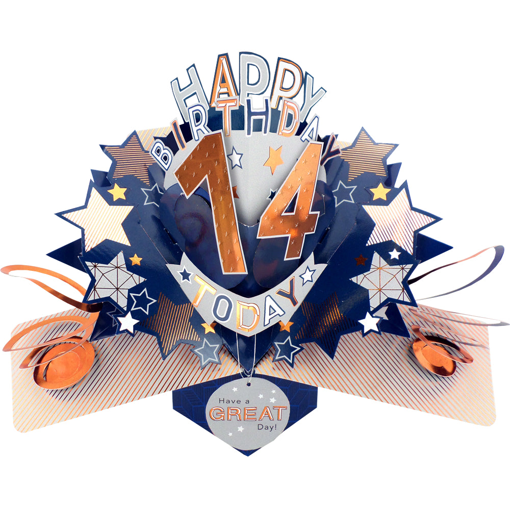 14th Birthday Card Pop Up 3D Happy Birthday Card Age 14 Today 3D For Him