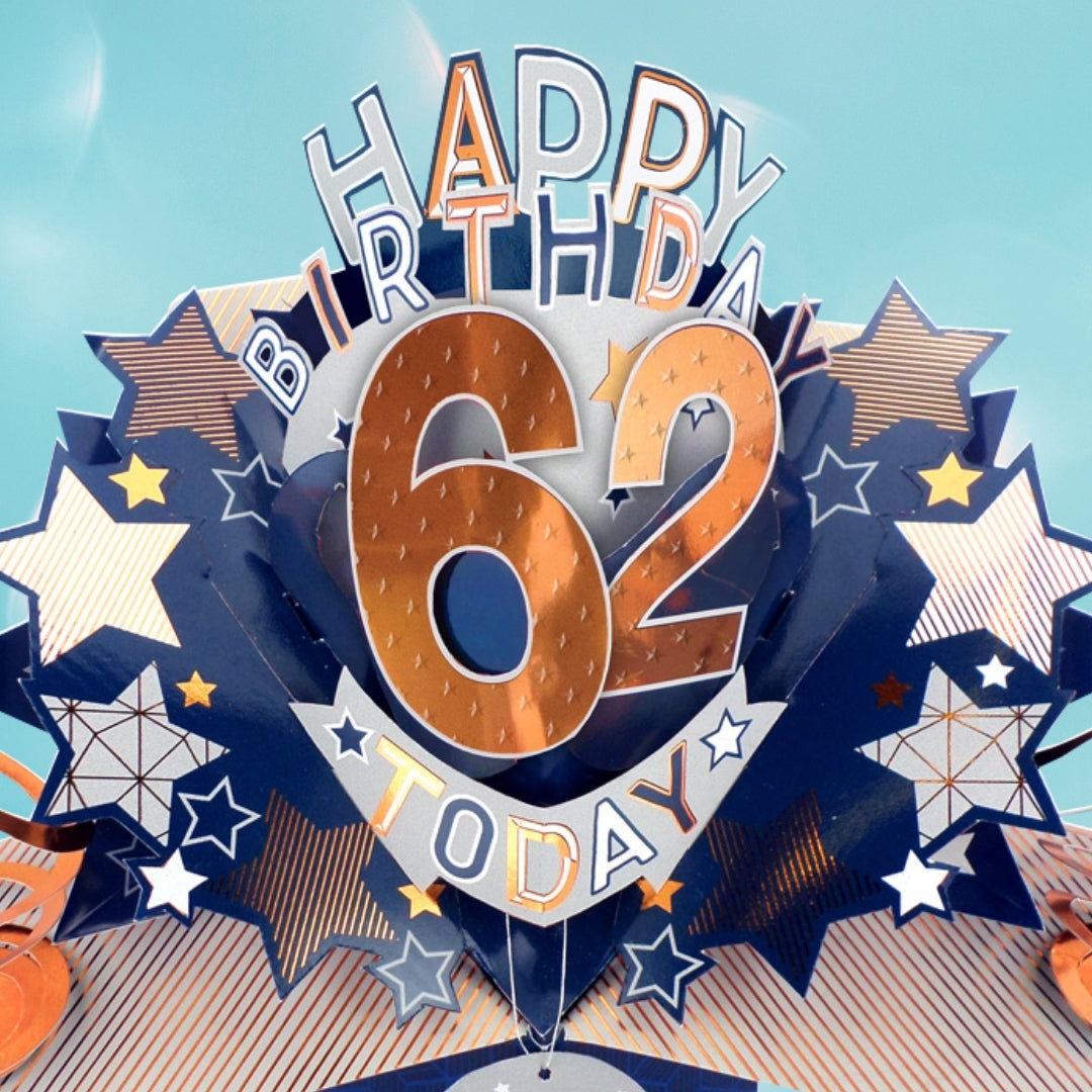 62nd Birthday Card Pop Up 3D Happy Birthday Card Age 62 Today 3D For Him