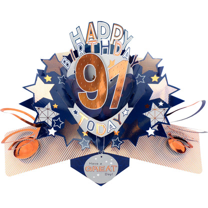 91st Birthday Card Pop Up 3D Happy Birthday Card Age 91 Today 3D For Him
