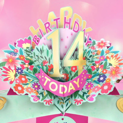 14th Birthday Card Pop Up 3D Happy Birthday Card Age 14 Today 3D For Her