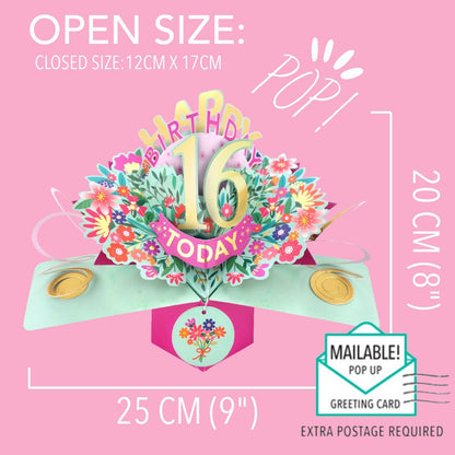 16th Birthday Card Pop Up 3D Happy Birthday Card Age 16 Today 3D For Her