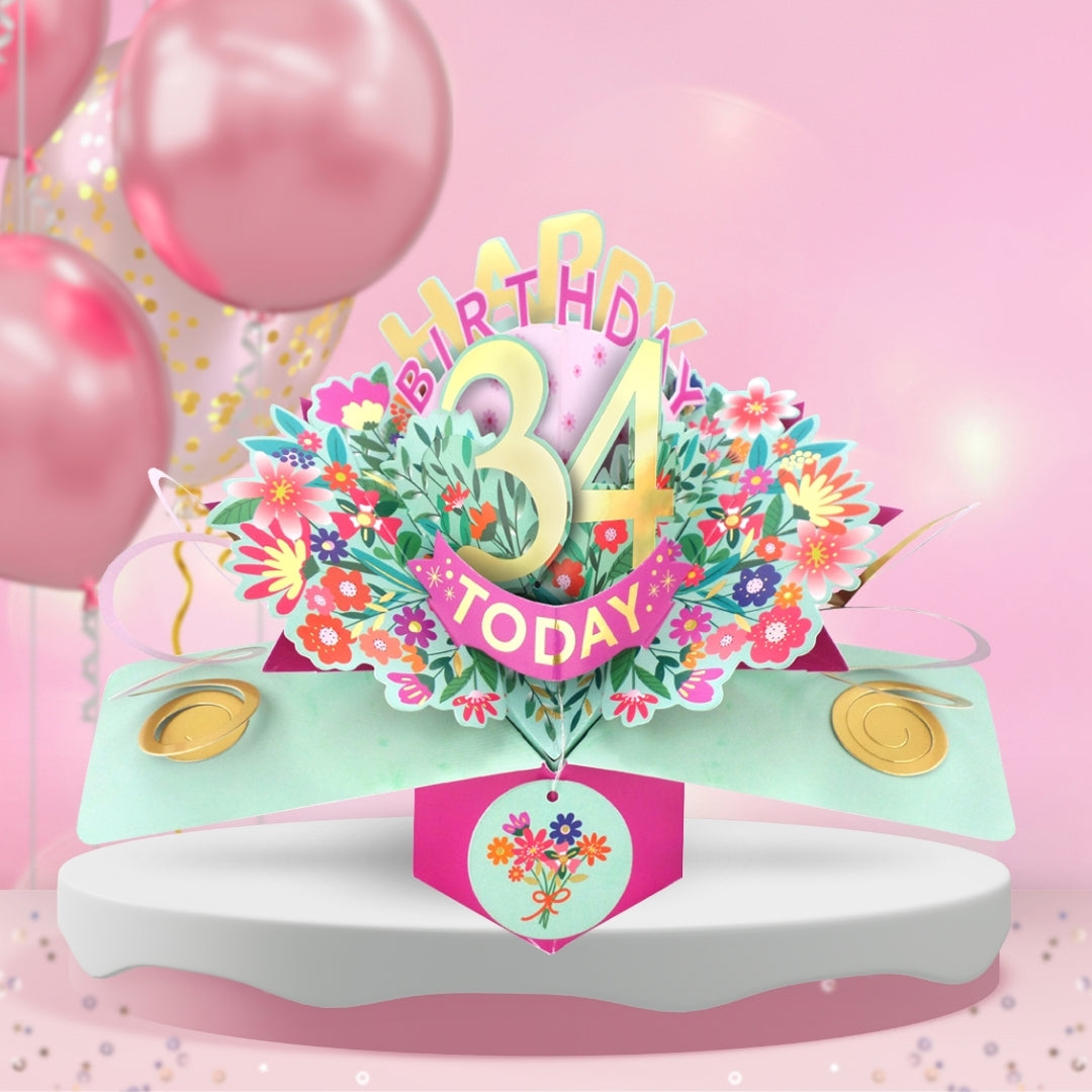 34th Birthday Card Pop Up 3D Happy Birthday Card Age 34 Today 3D For Her