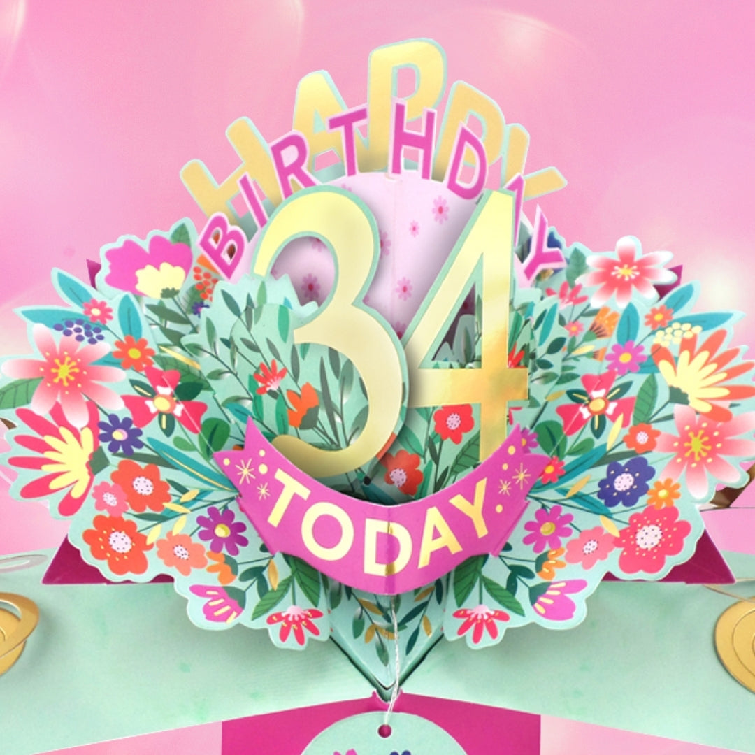 34th Birthday Card Pop Up 3D Happy Birthday Card Age 34 Today 3D For Her