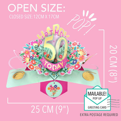 50th Birthday Card Pop Up 3D Happy Birthday Card Age 50 Today 3D For Her