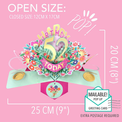 52nd Birthday Card Pop Up 3D Happy Birthday Card Age 52 Today 3D For Her