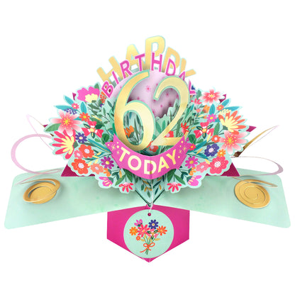 62nd Birthday Card Pop Up 3D Happy Birthday Card Age 62 Today 3D For Her