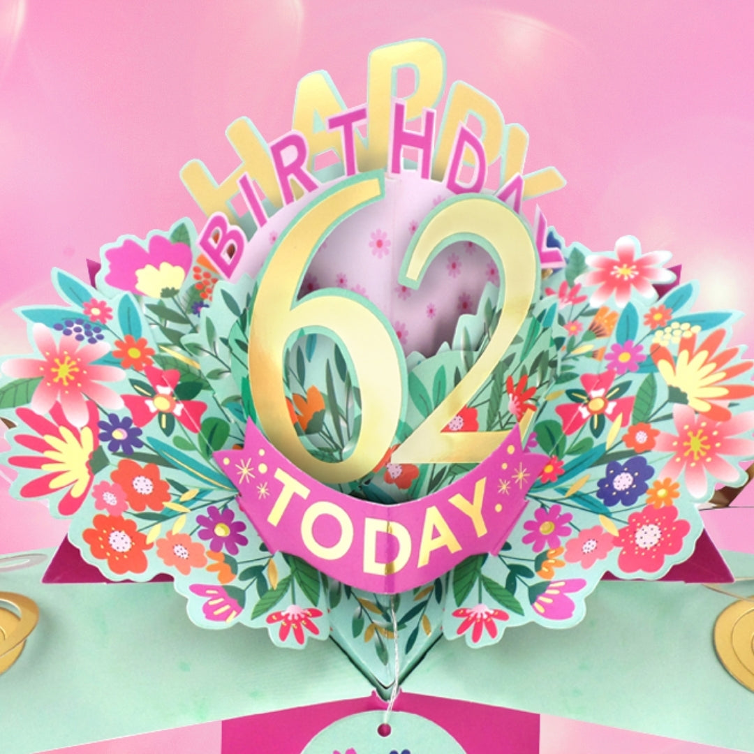 62nd Birthday Card Pop Up 3D Happy Birthday Card Age 62 Today 3D For Her