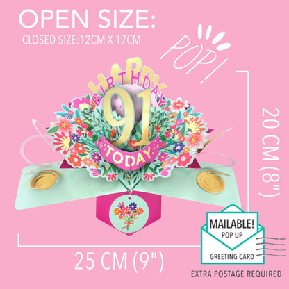 91st Birthday Card Pop Up 3D Happy Birthday Card Age 91 Today 3D For Her