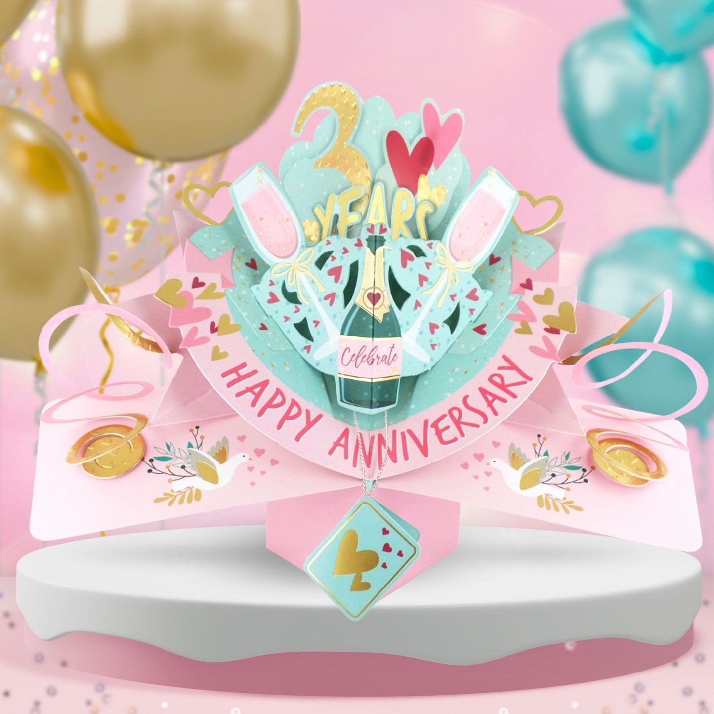 3rd Wedding Anniversary Card Pop Up 3D Celebrating 3 Years Together