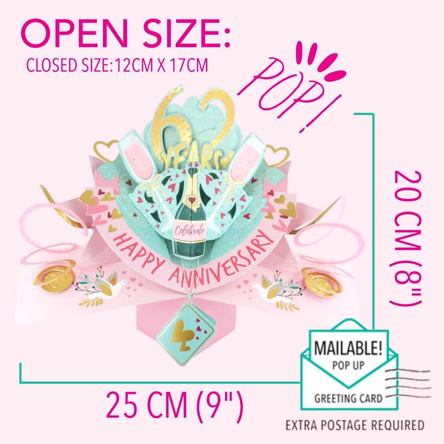 62nd Wedding Anniversary Card Pop Up 3D Celebrating 62 Years Together