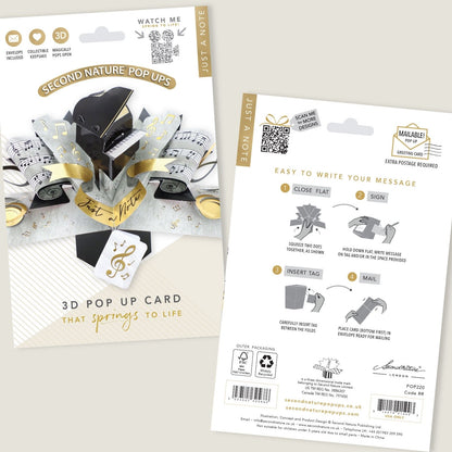 Piano Pop Up Greeting Card Just A Note Birthday Or Any Occasion