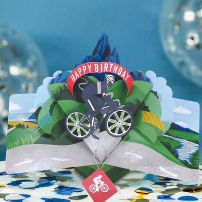 Cyclist Pop Up Happy Birthday Greeting Card With Bike