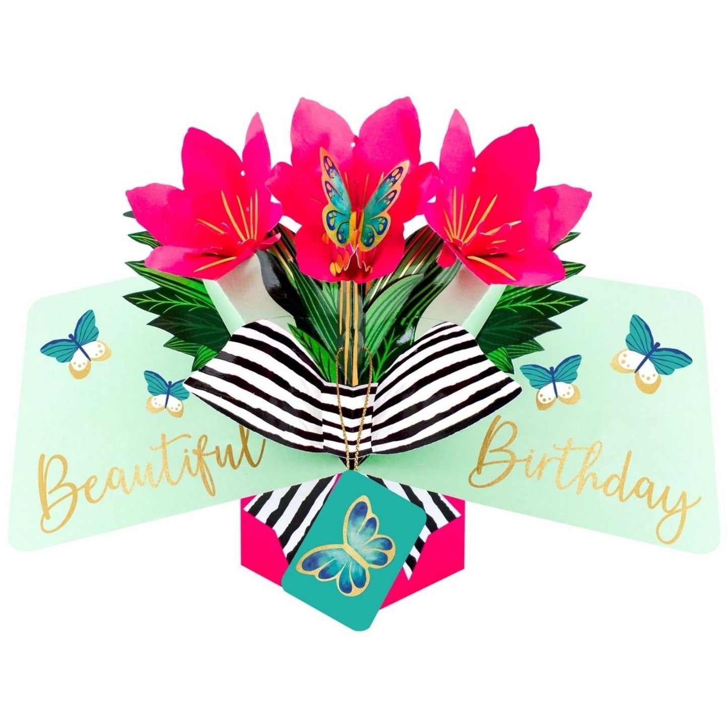 Pink Amaryllis 3D Pop Up Birthday Greeting Card Beautiful Floral Butterfly Magic